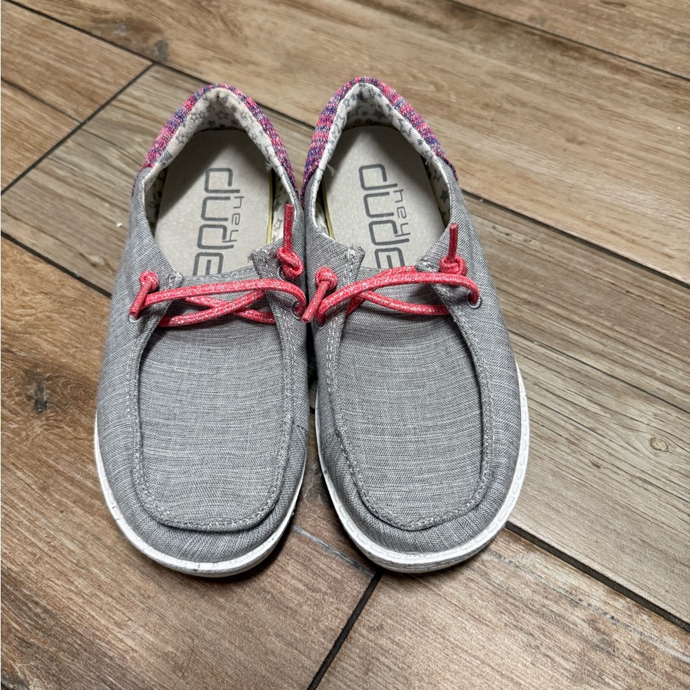 Hey Dude Gray Canvas Slip-Ons with Pink Laces